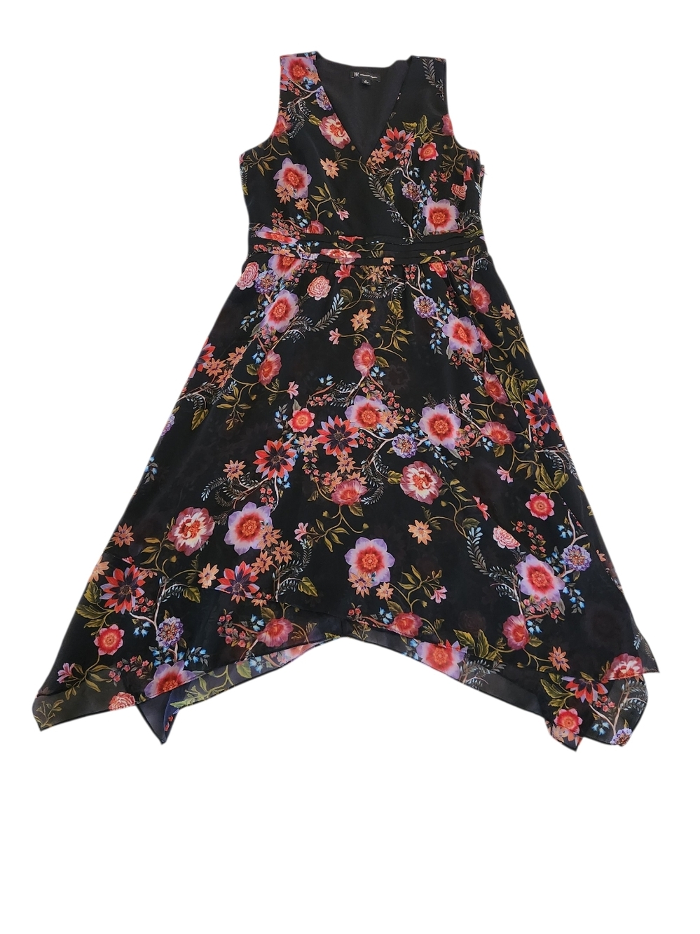 INC International Concepts Black Floral Handkerchief Hem Dress Women's Size 12